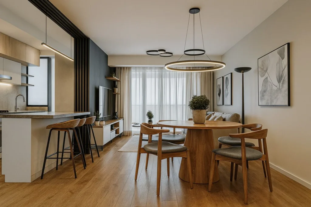 Sala comedor integrada con cocina abierta, diseño de interiores moderno y acabados en madera en Arequipa