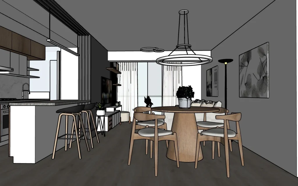 Diseño de interiores de sala comedor integrada con cocina abierta, propuesta moderna en Arequipa