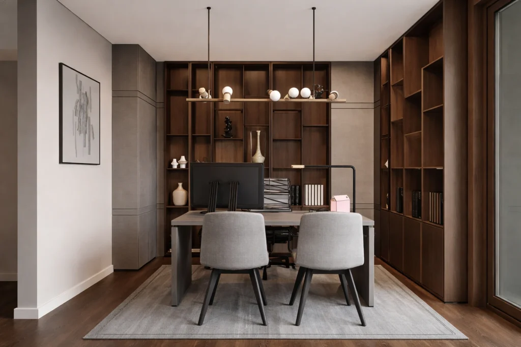 Diseño de home office con escritorio y mobiliario a medida en madera en Arequipa